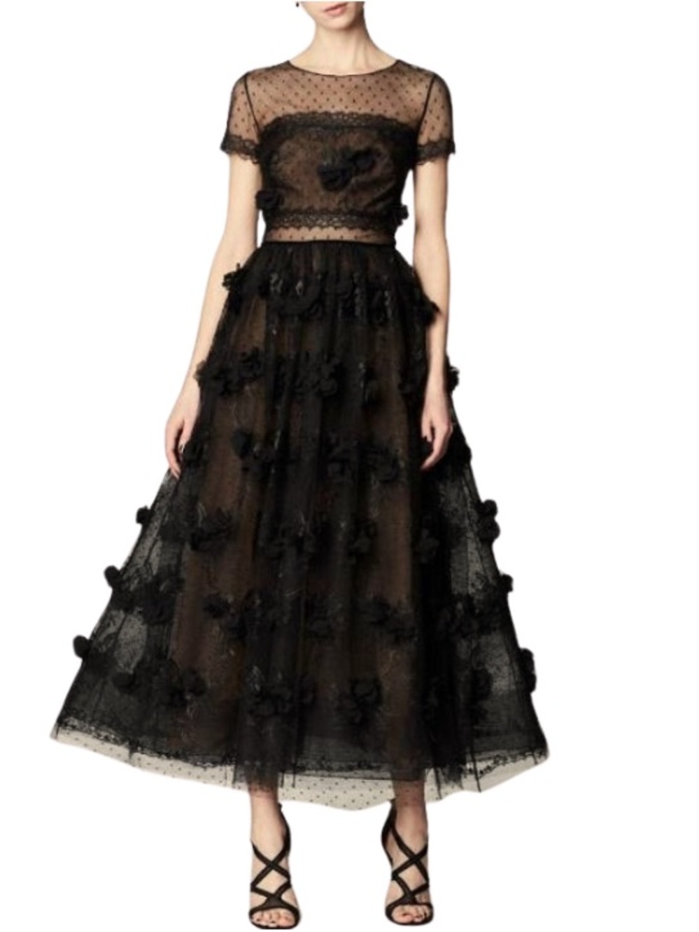 Marchesa Notte Sheer 3D Floral-Appliquéd Midi Gown in black size 4